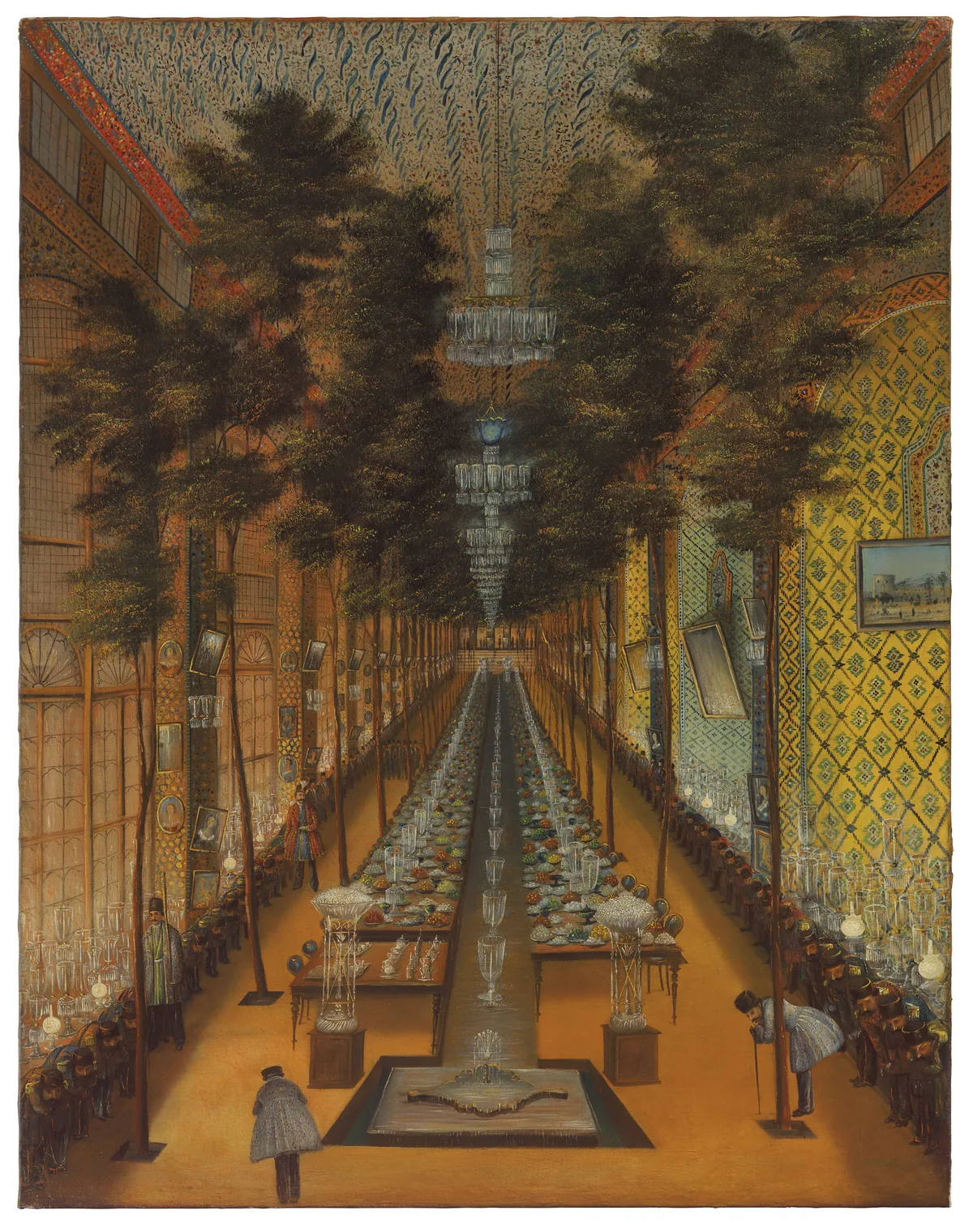 A royal banquet in the gardens of Golestan Palace during the Qajar period