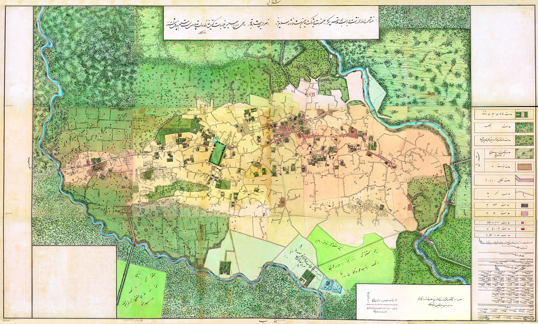 A detailed nineteenth-century map of Rasht, with winding rivers, green land and Persian labels.