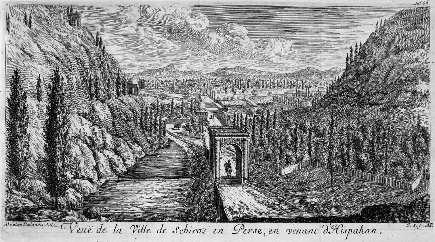 A seventeenth-century engraving showing the approach to Shiraz through a gateway between hills.
