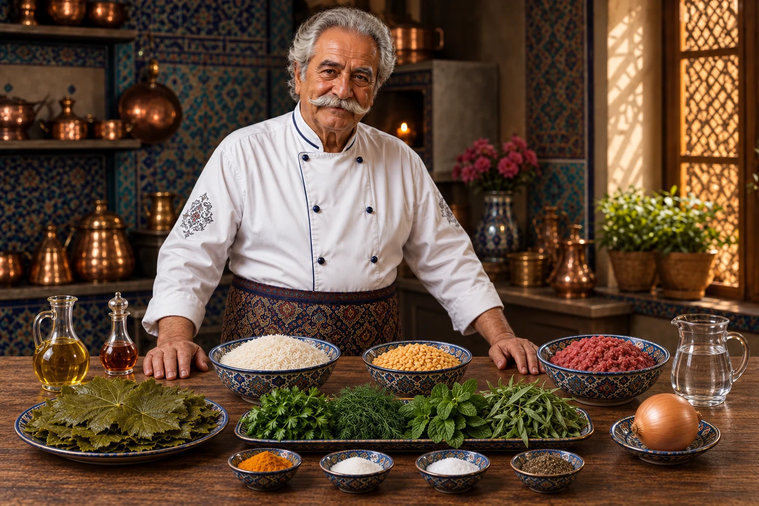 دلمهٔ برگ مو — چیدمان مواد اولیه