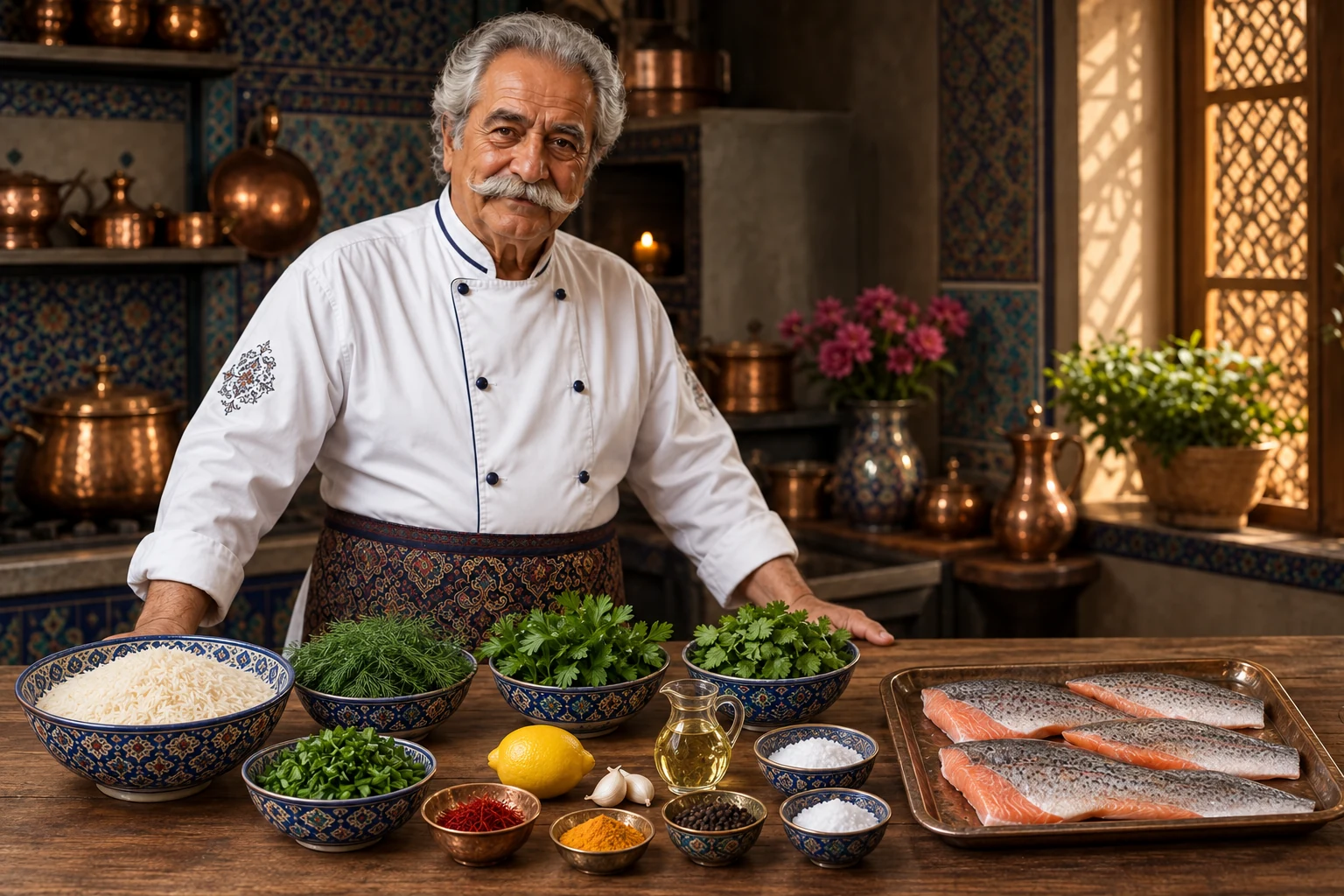 سبزیپلو با ماهی — چیدمان مواد اولیه